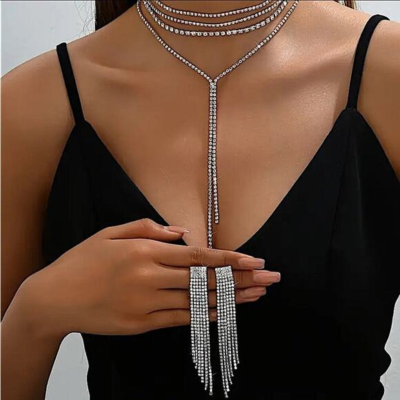 BOUTIQUE Jewelry - Silver Crystal Y Lariat Choker Matching Earrings Rhinestone Necklace New …